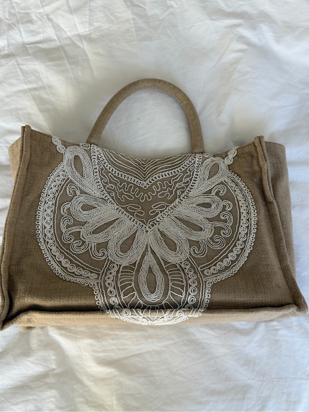 Embroidered Tan Canvas Tote with White Detail - Picture 2 of 6
